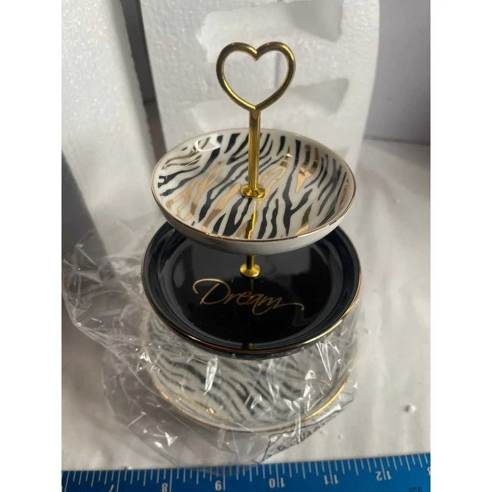 Joyvio Ceramic 3 Tiered Jewelry Dish Tray Zebra Print‎ Dream Gold Heart Handle
